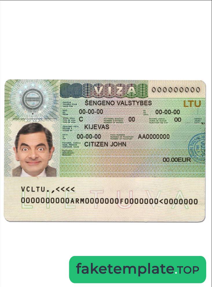 Feature of fake Lithuania (Litva) Schengen visa example